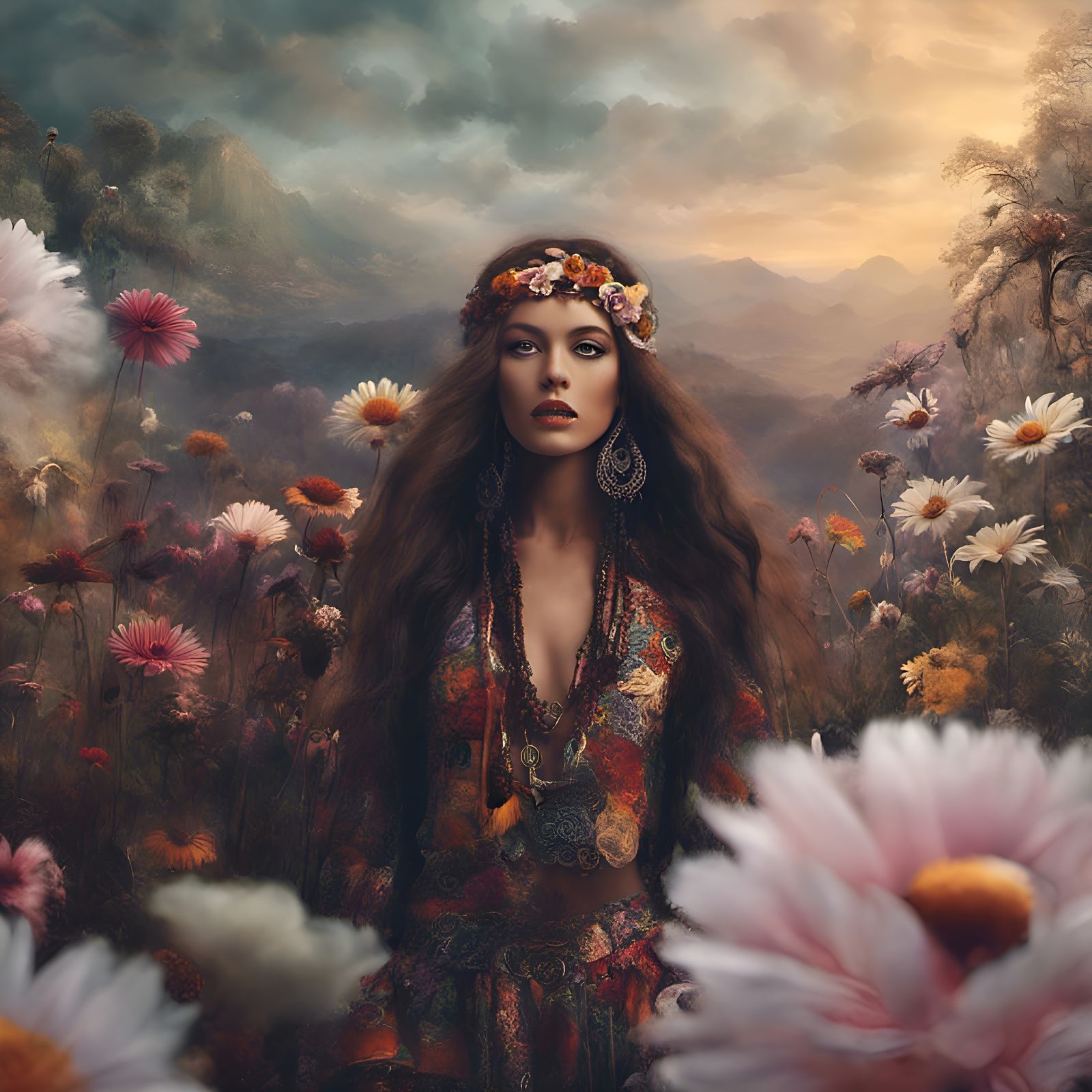 wild hippy beautiful woman, boho, gypsy, flower power, Epic cinematic ...