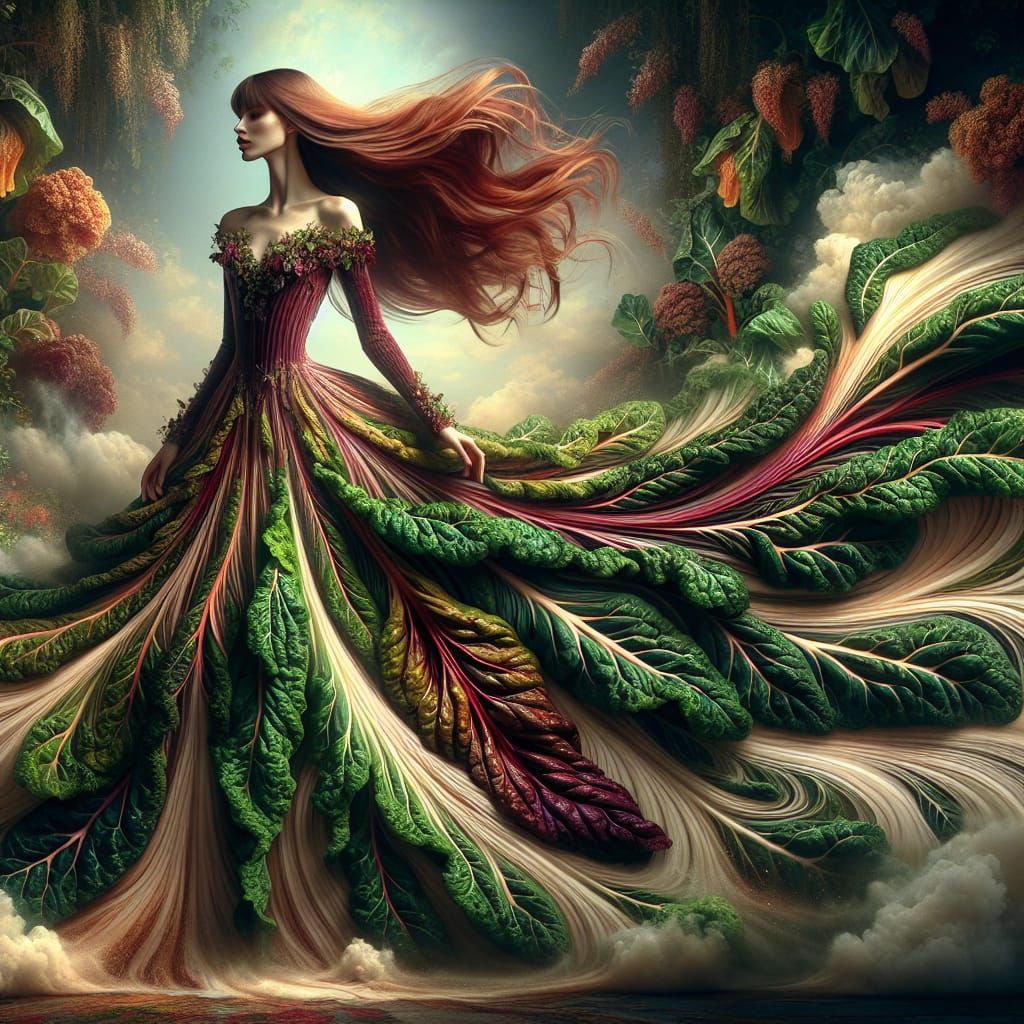 Beautiful woman with long flowing Auburn hair, wearing a flowing dress made from Swiss chard leaves." ...  by @Kathy A Lindsey