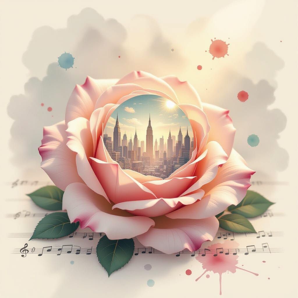 A single, delicate rose unfurling its petals to reveal a miniature, intricately detailed cityscape within its core, bathed in soft, ethereal... - Start Image 1