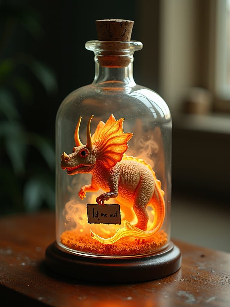 Fiery Triceratops Trapped Inside Glass Bottle