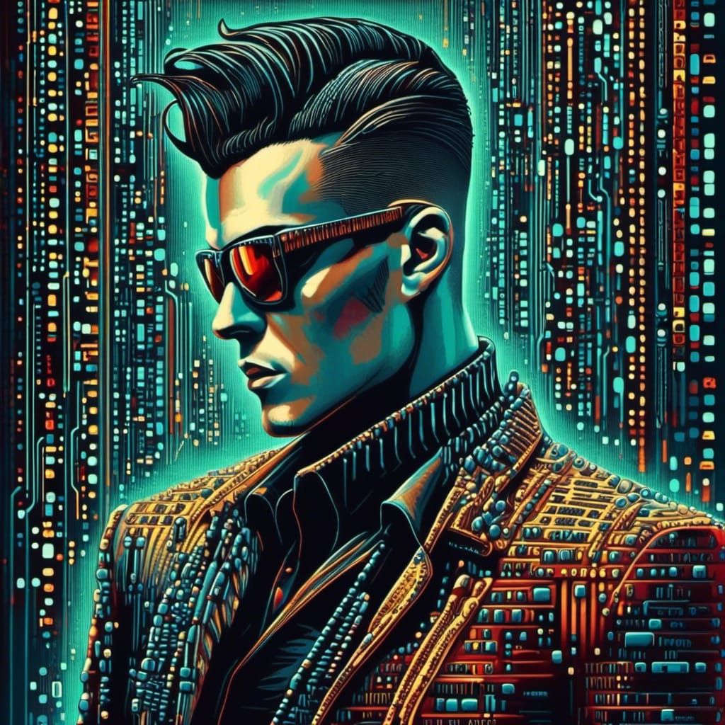 <lora:Binary Code:1.0> Psychobilly dreamboy,  binary code, cyberpunk, colorful, hyperreal, intricately detailed 
