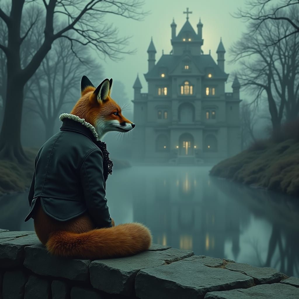 a fox in tattered formal clothing, sitting on an old stone bridge over a misty river