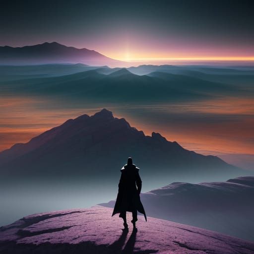 Shadowed Figure on Abstract Landscape with Geometric Horizon