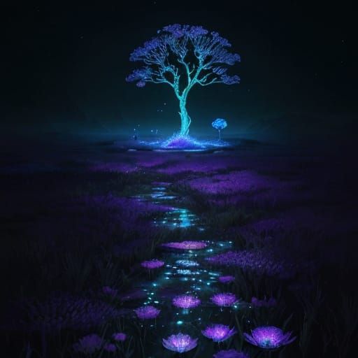 Fantasy art. A mystical alien landscape at night. Several small glowing blue puddles are scattered across ...  by @DawnMarieP