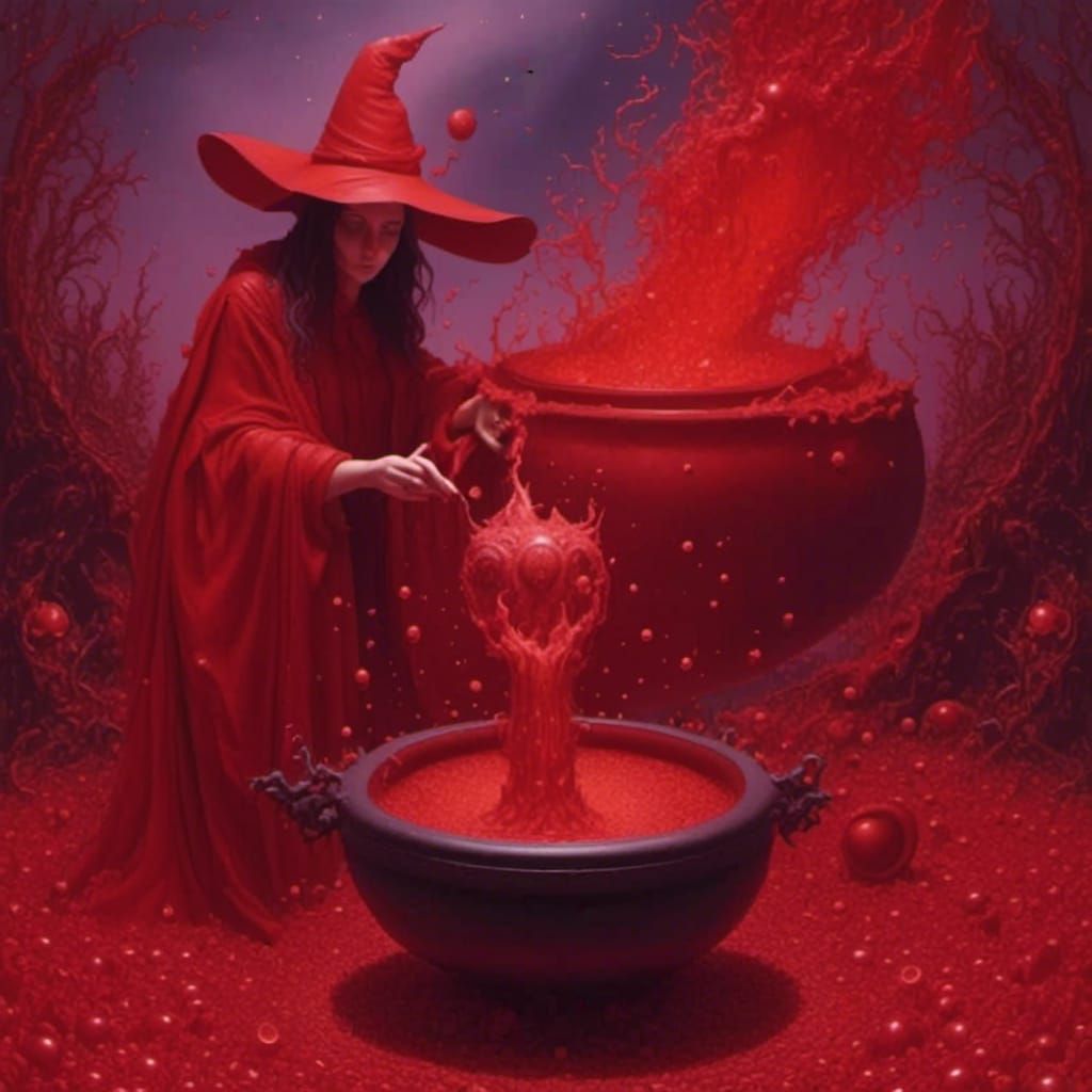 <lora:Red Ring:1.0> Red witch in front of a bubbling cauldron