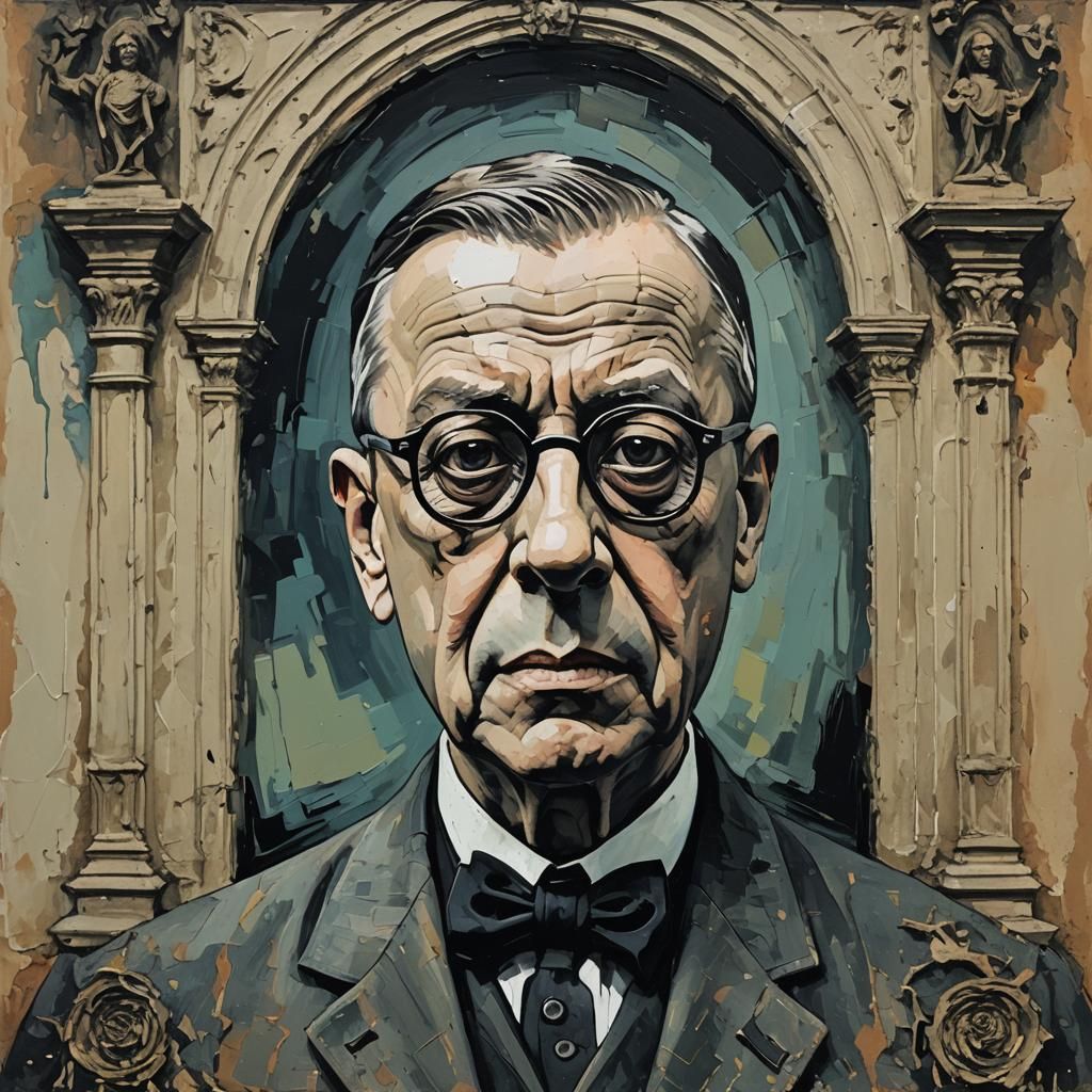 Gothic portrait of Sartre in a haunted mansion