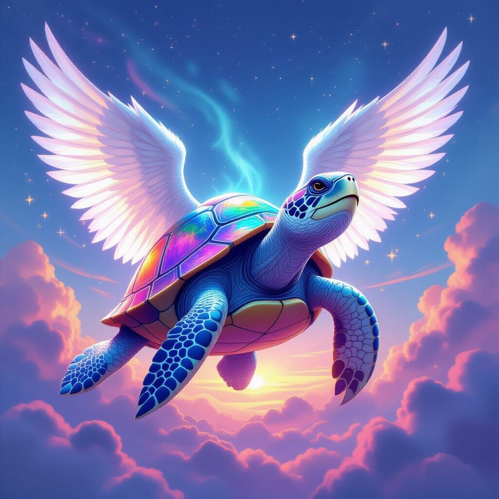 A majestic fantasy turtle with large white angel wings, a beak like an eagle or duck, and a colorful, shimmering shell. The turtle is floati...