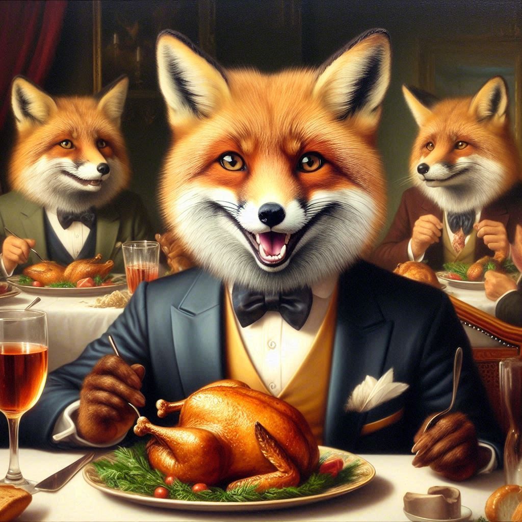 Fox enjoys her chicken at a table, in full restoran