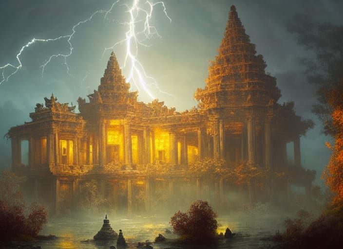 Indonesian temple ruins cinematic vista