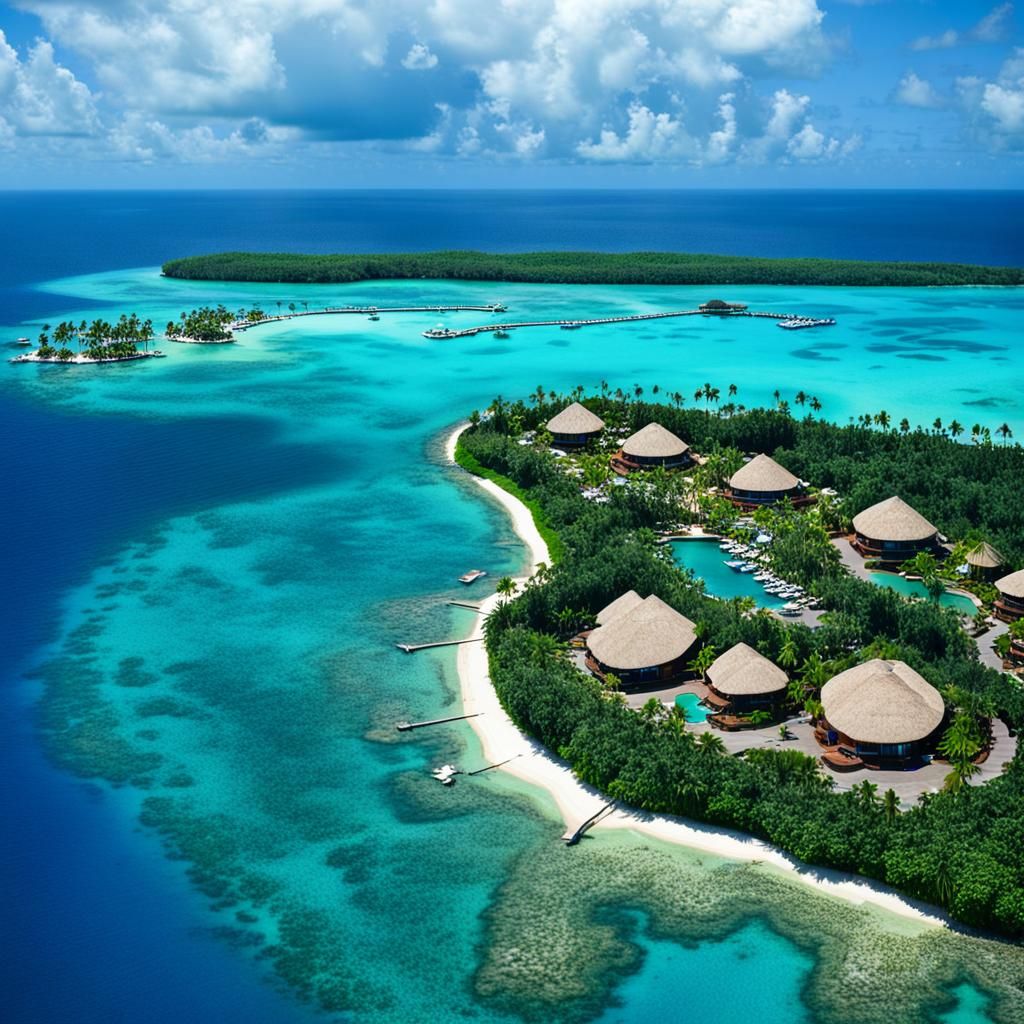 A tropical resort on an island surrounded by the ocean