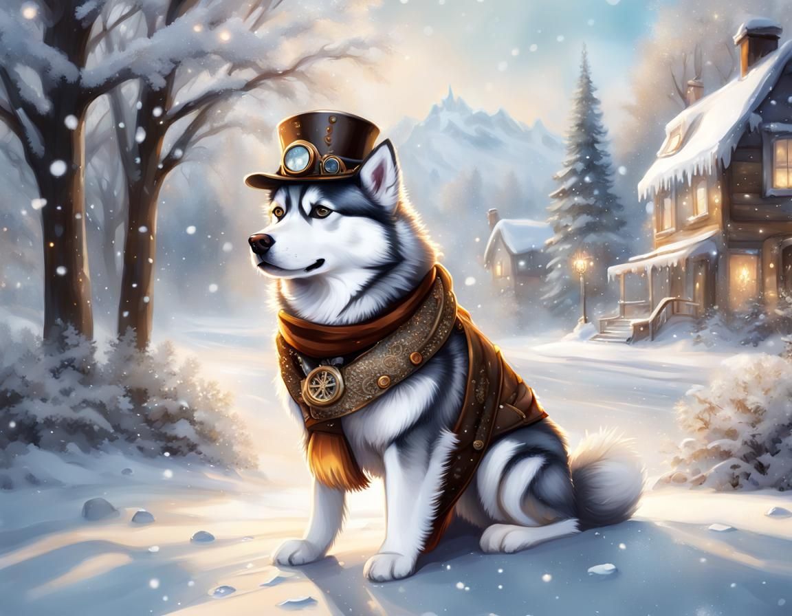 Steampunk Alaskan Husky in winter wonderland, - AI Generated Artwork ...