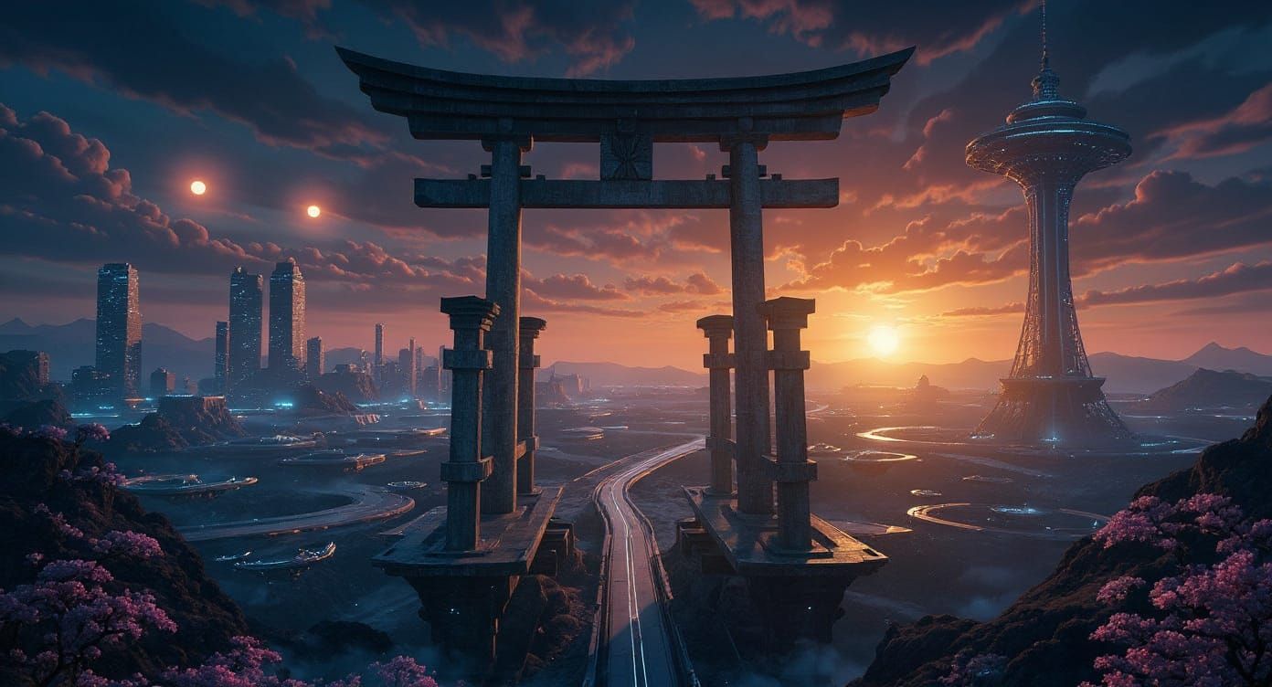 Change the existing fantasy landscape into a breathtaking futuristic megacity on a distant exoplanet while preserving the main torii gate st...