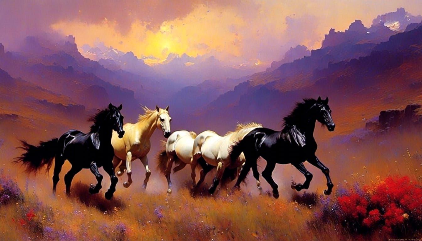 Running black Horses/(accurate anatomy)/(extremely deep mountainous ...