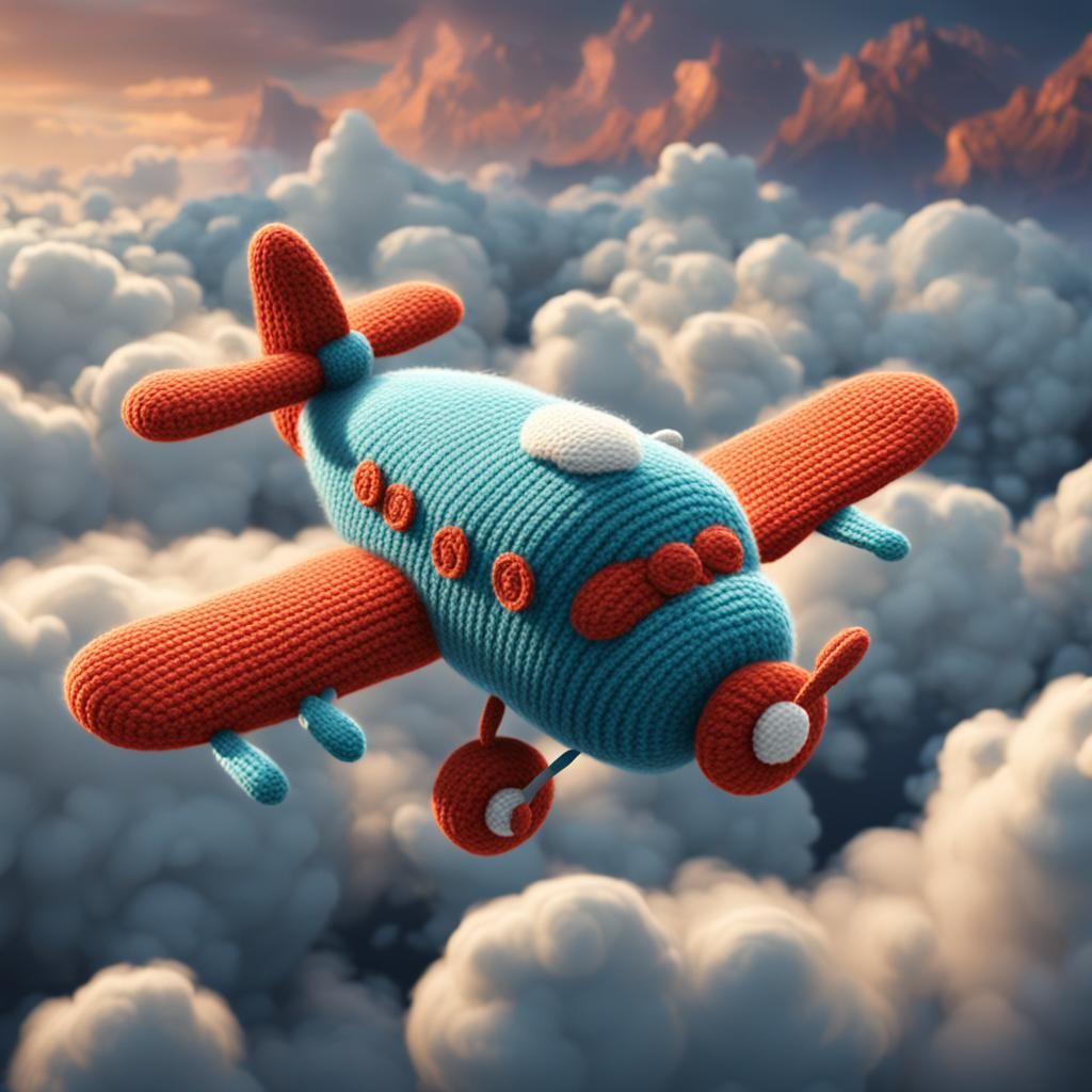 Small cute knitted aeroplane knitted clouds