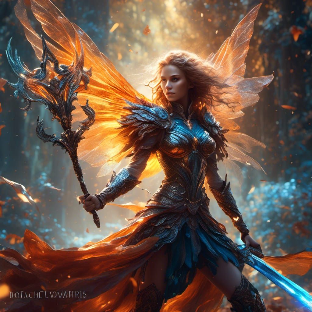 Ethereal Fairy with Sword and Shield in Digital Art