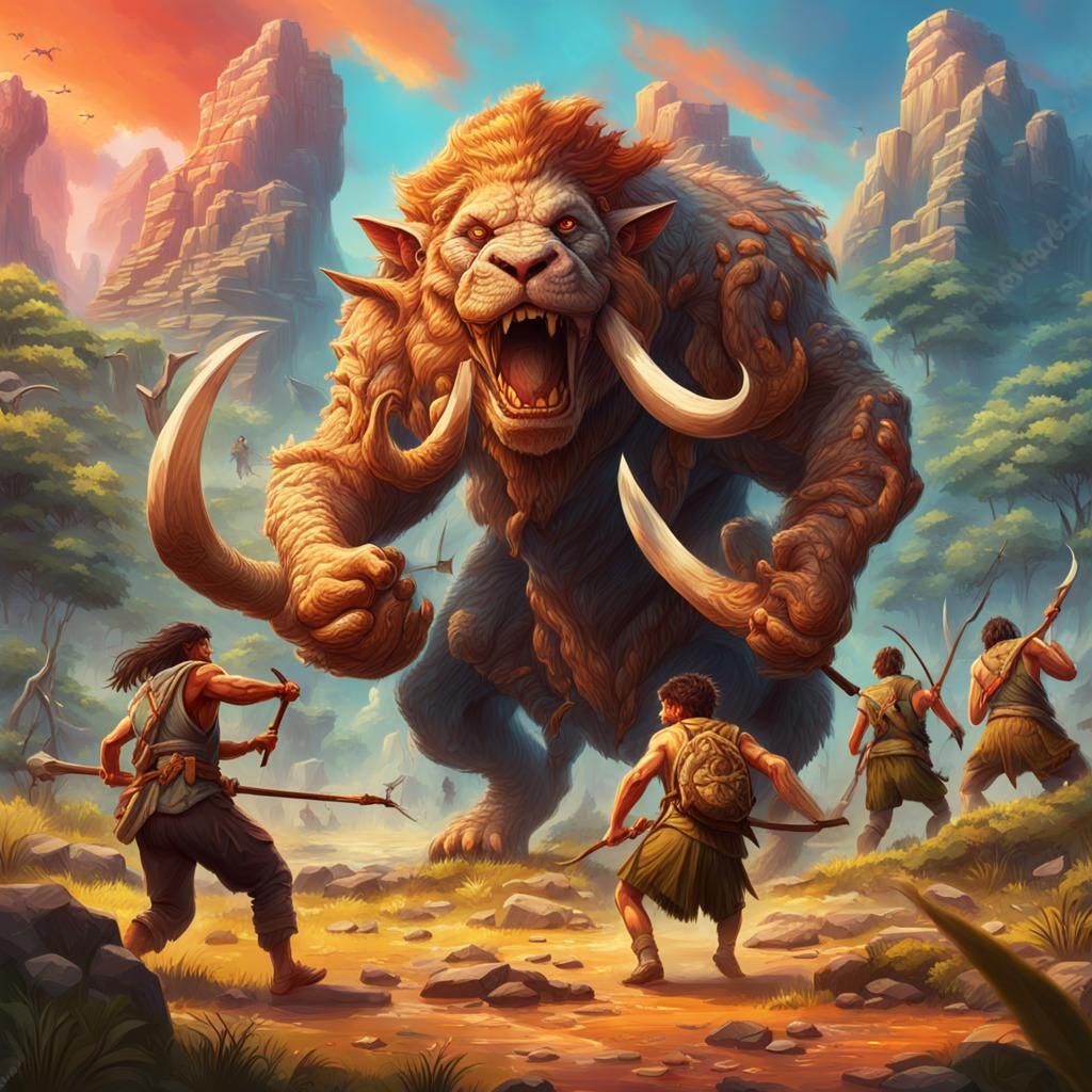 Prehistoric youthful strong villagers actively hunting