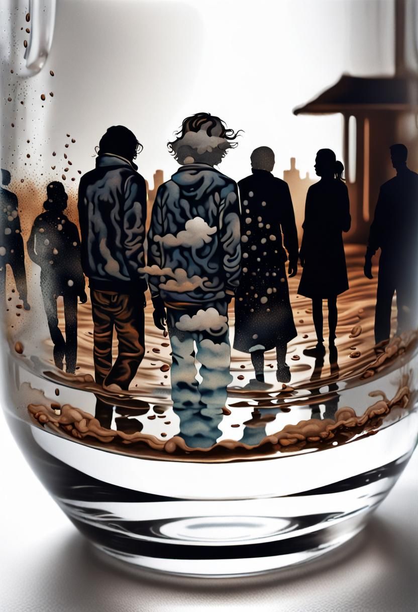 A styslized, intricate ink print of a cloudy sky with coffee...