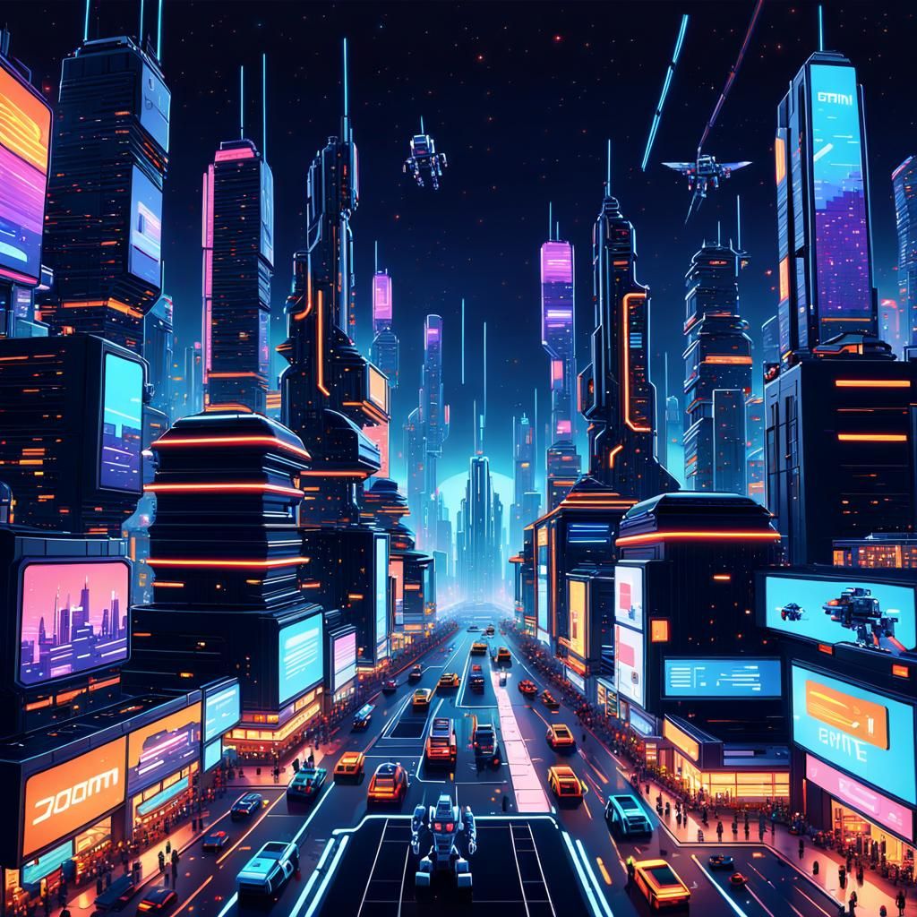 "A Futuristic Pixel Art City with Neon Lights, Flying Cars, ...