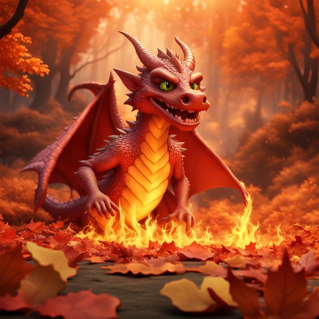 Smaug Fire Breathing, on the ground near leaves, in the style of cartoon-like figures, zbrush, vibrant stage backdrops, ...