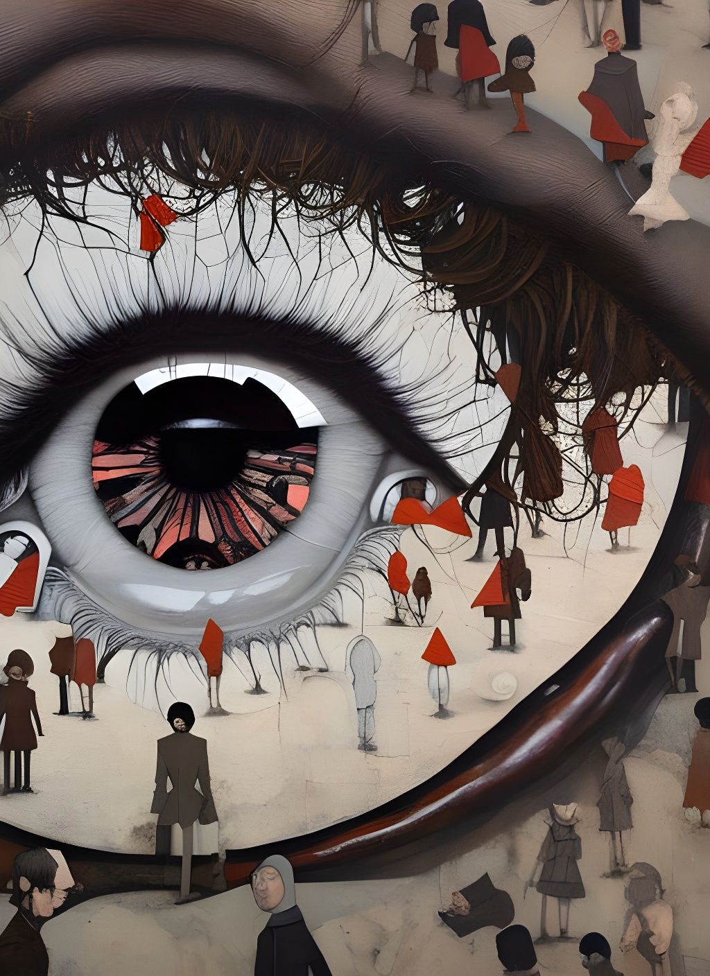 close up of person's eye surrounded by group of people, eye in front of ...