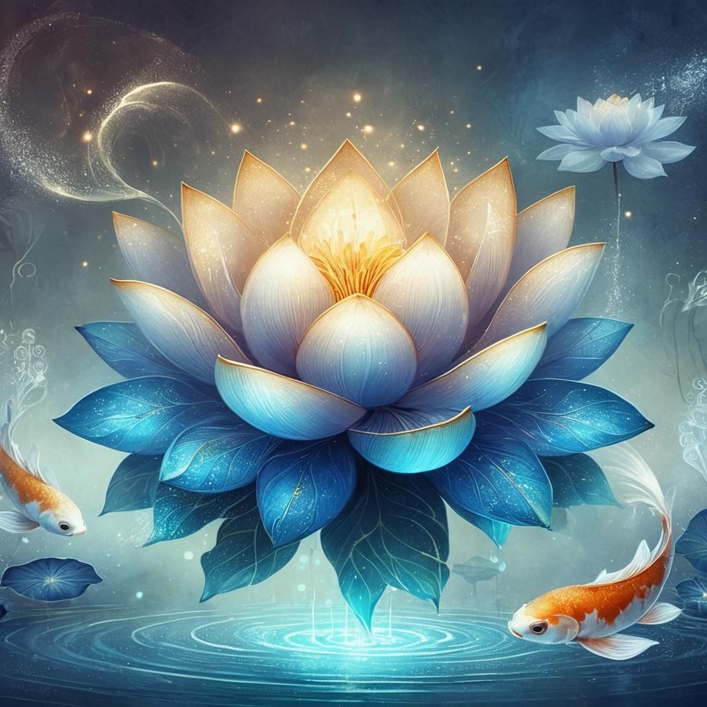Illustrate a radiant blue and gold lotus, its petals glowing...
