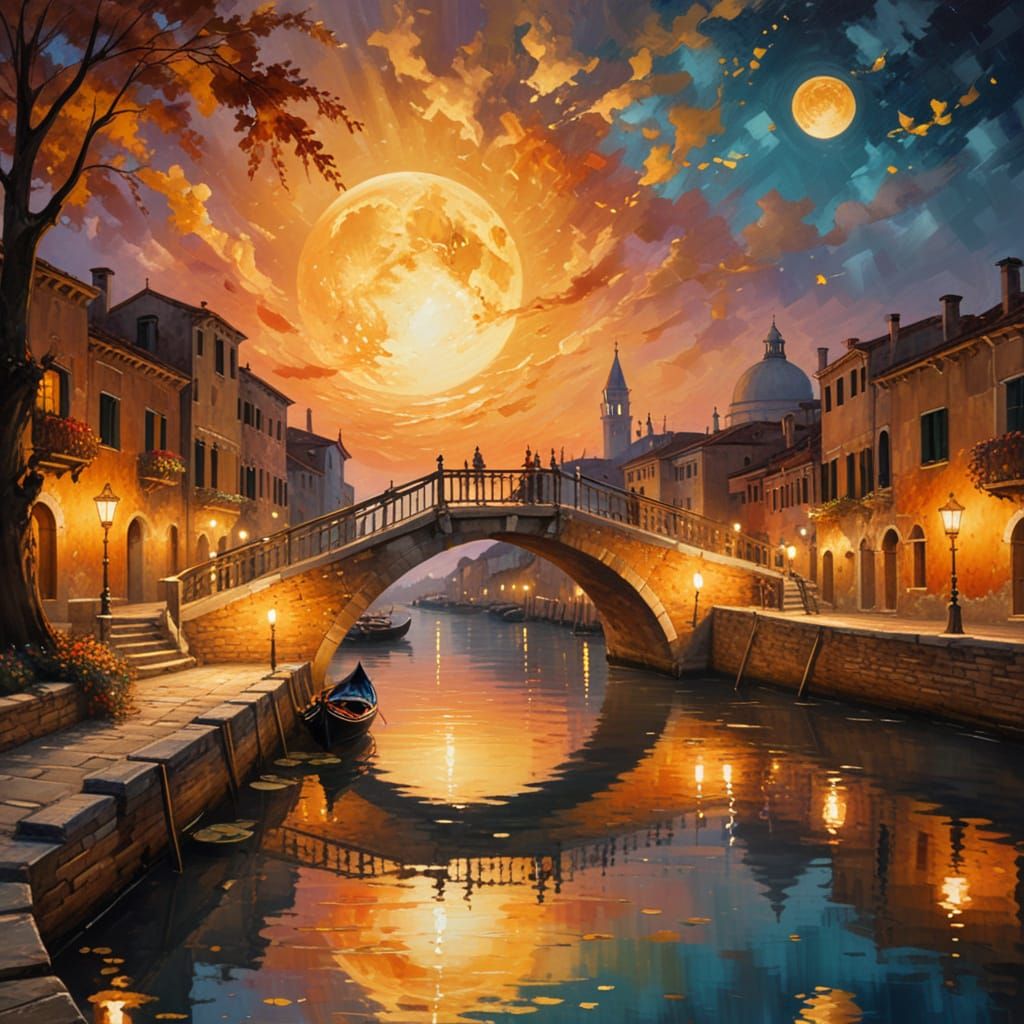 A dreamlike Venetian bridge bathed in the glow of a golden, swirling night sky. Reflections ripple in the canal below, lanterns flicker warm...