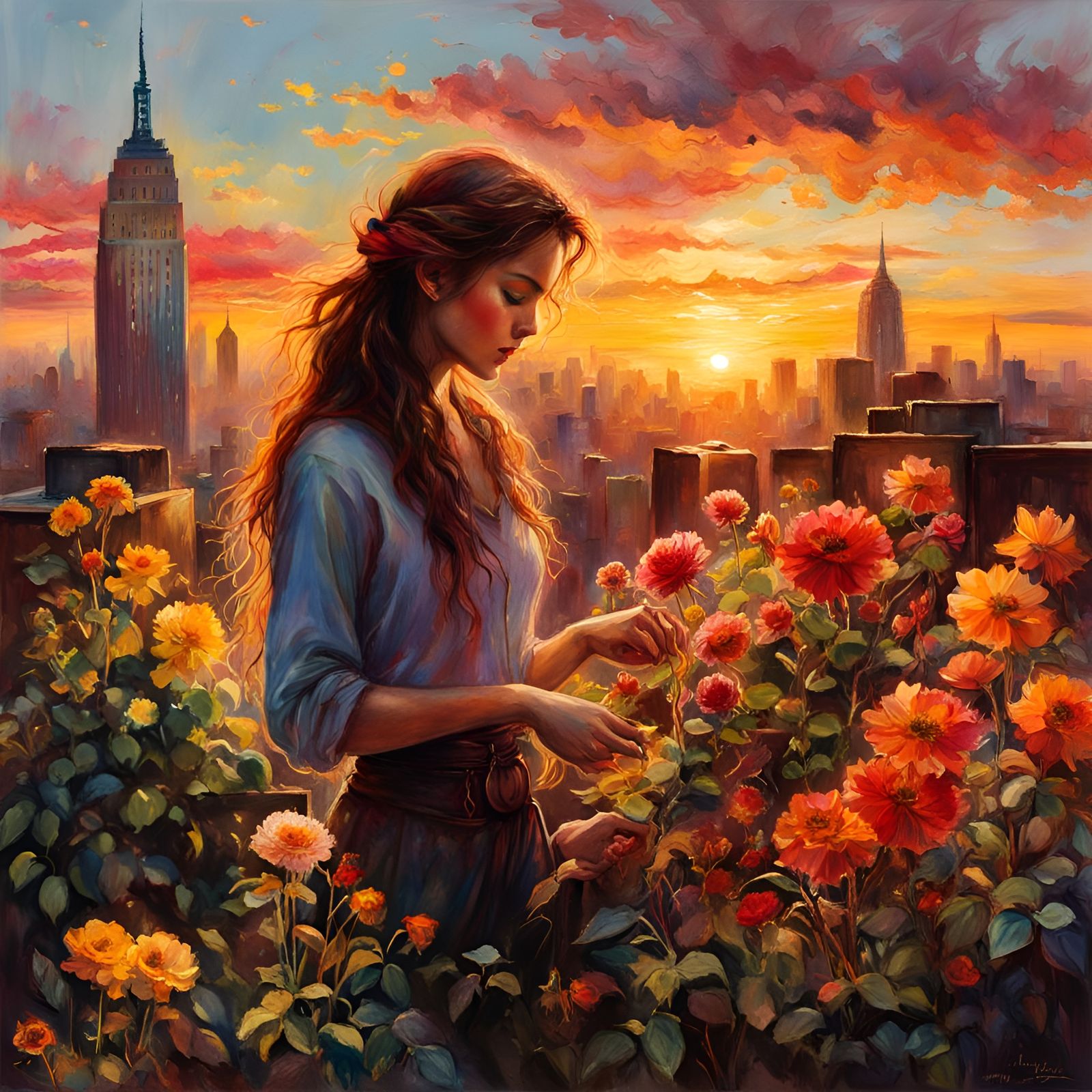 A rooftop flower garden in New York City, sunset,polychromatic colors ,red,yellow, orange,volumetric ...  by @Happy Jack