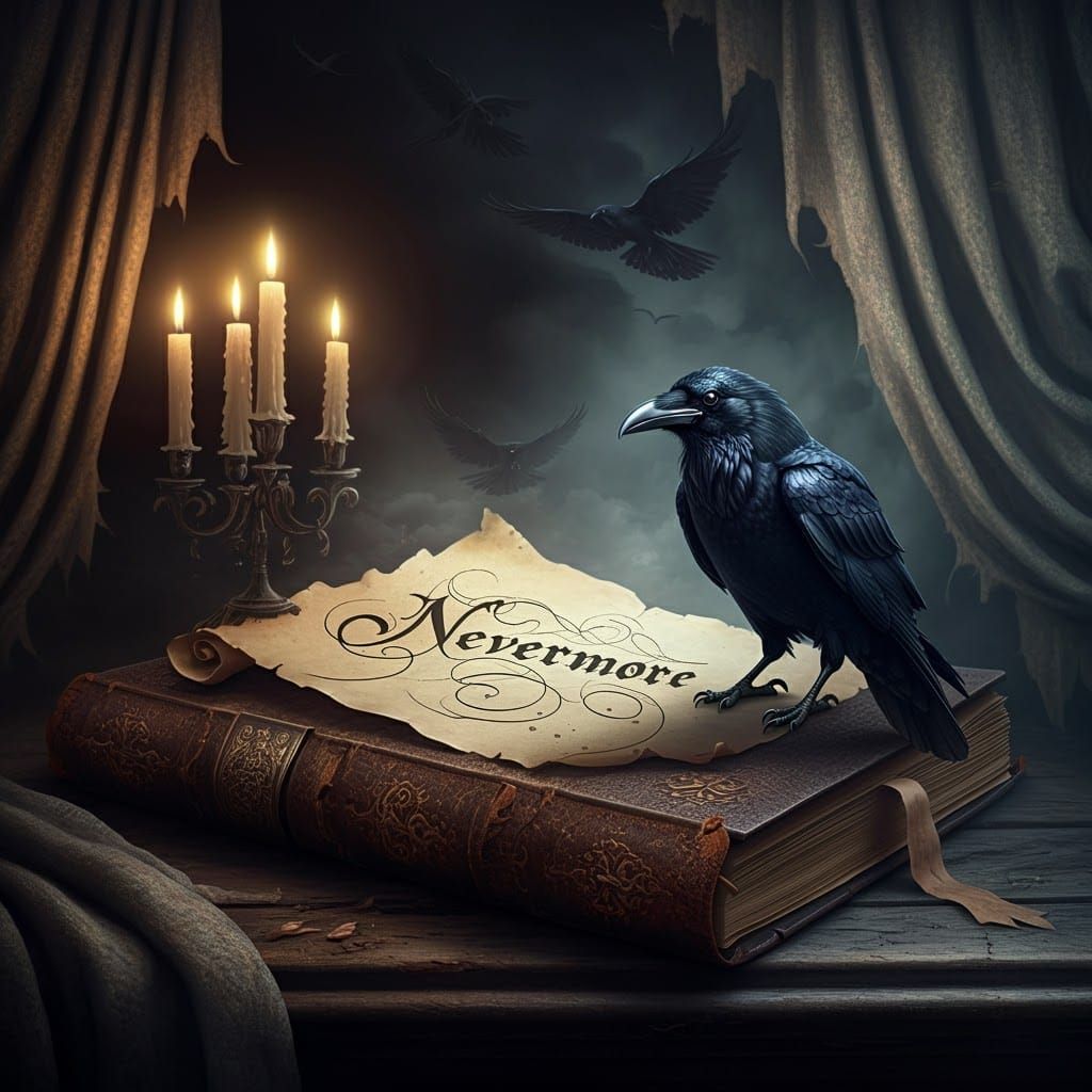 "Nevermore "written in exquisite fancy calligraphy on parchment paper 