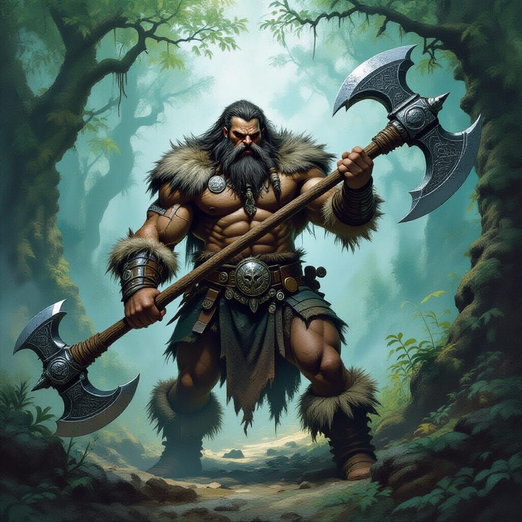 Barbarian Warrior in Mystical Forest, in Fantasy Art Style