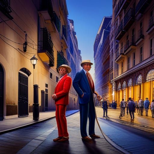 Two men, reminiscent of Enrico Baj, in vibrant suits and Pan...