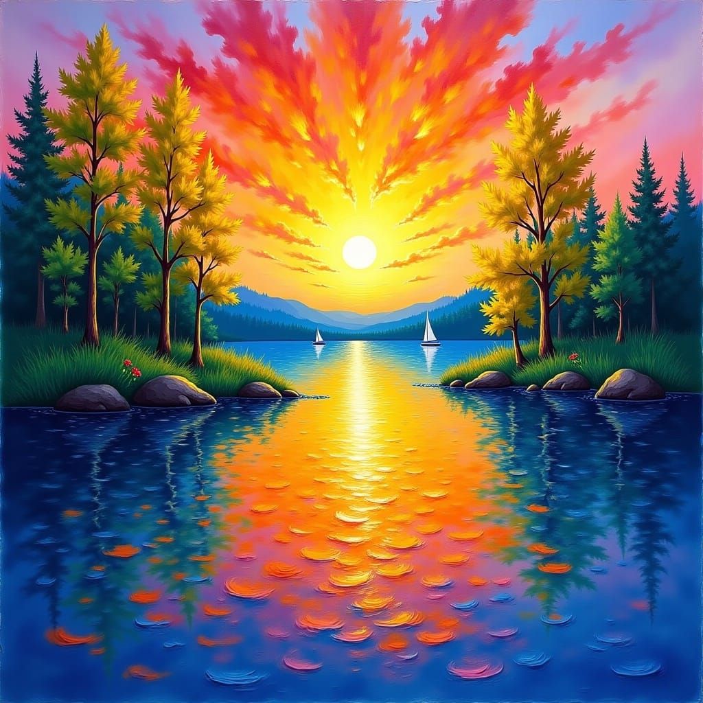 <lora:Watercolor Scenes:1.0> A beautiful watercolor scene of a lake at sunset