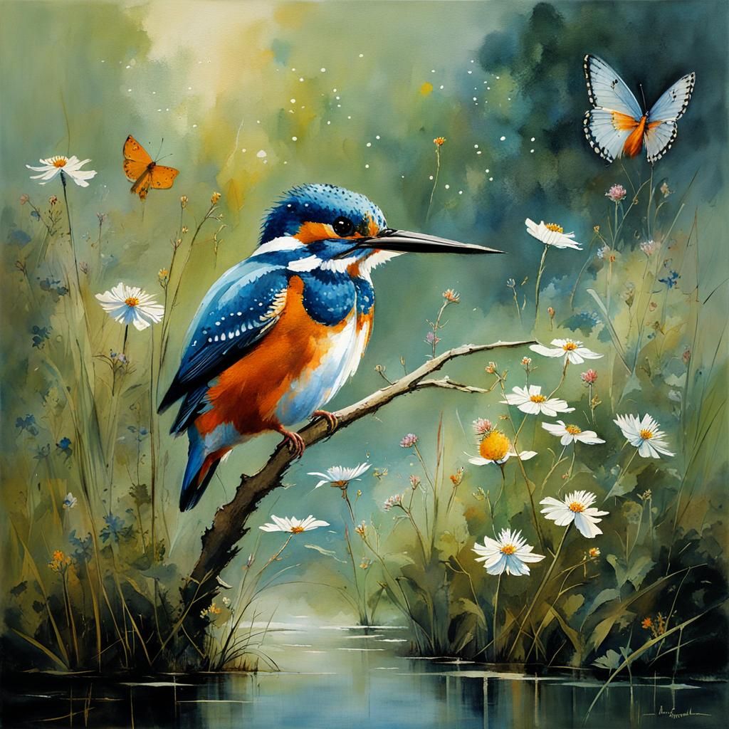 a beautiful kingfisher sits on the river bank with wildflowers and butterflies in the morning light, ...  by @Tina auf der Blumenwiese