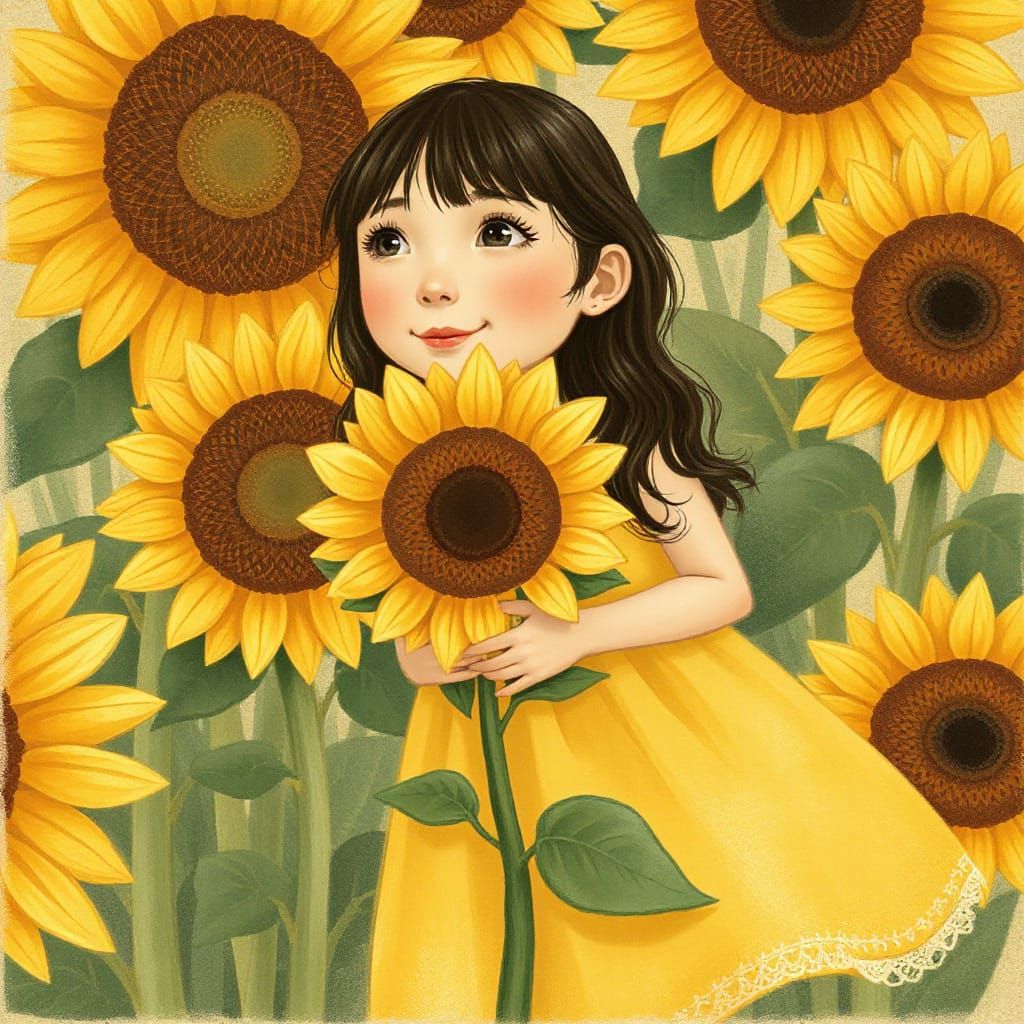 Whimsical Girl Hugs Giant Sunflower in a Dreamy Storybook Sc...