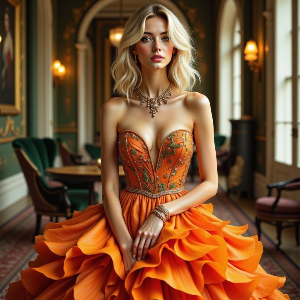 Elegant Blonde Woman in Floral Petal Dress