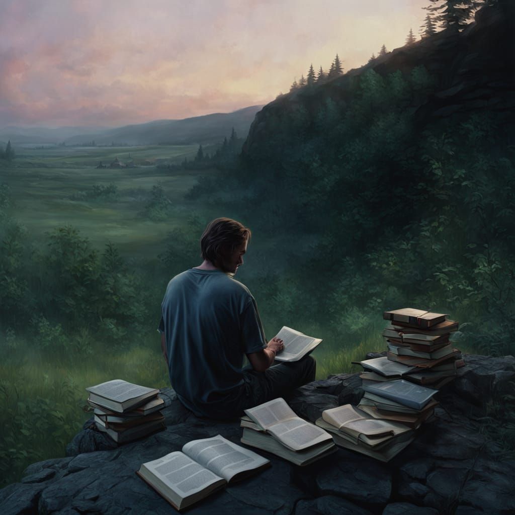 Man Reads on Cliff Edge in Warm Sunset Light