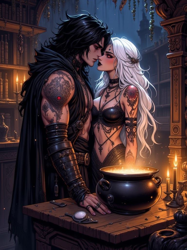 In a small candle-lit room filled with books, herbs, and glowing sigils, a witch with long white hair and silver jewelry stirs a cauldron as...