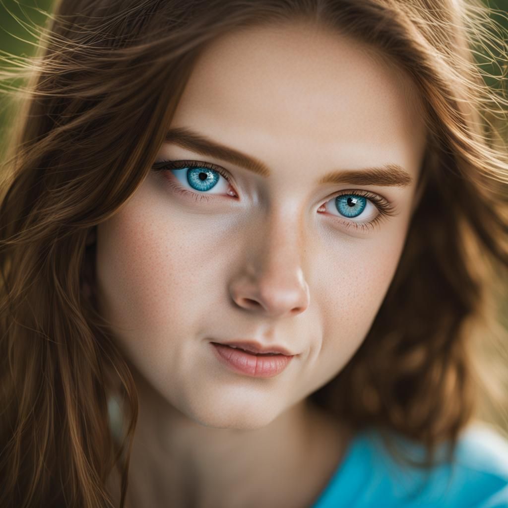 A brown haired teenage girl with light freckles and light bl...
