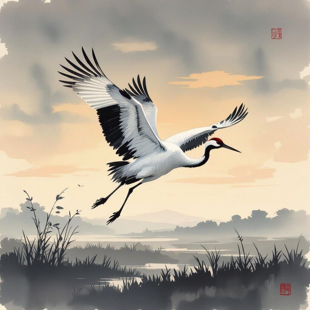 A majestic sandhill crane in mid-flight, its wings outstretched against a backdrop of a serene, minimalist landscape bathed in the soft glow...