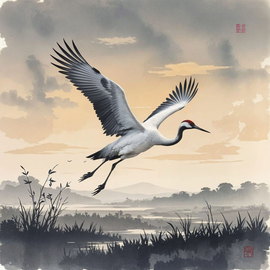 A majestic sandhill crane in mid-flight, its wings outstretched against a backdrop of a serene, minimalist landscape bathed in the soft glow...
