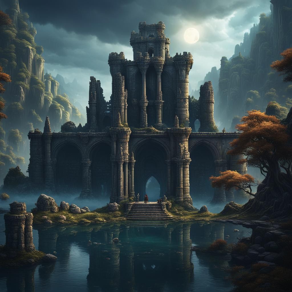 Large stone ruins sitting on the edge of a deep, dark lake.