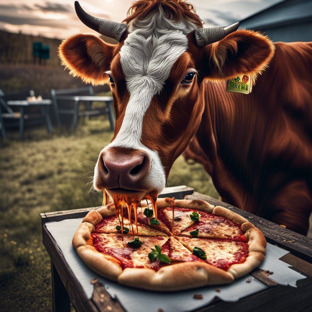 a cow eating pizza