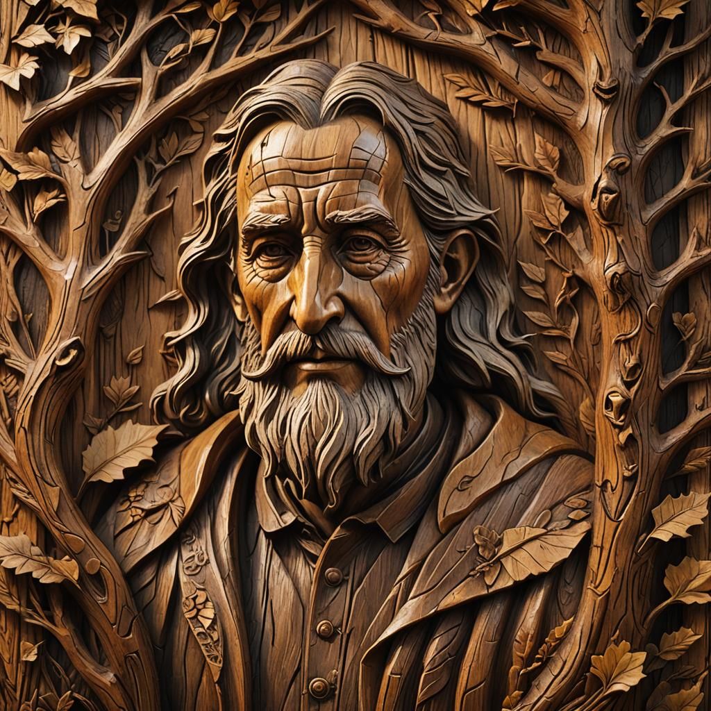 High-Fantasy Wood Relief Carving with Golden Lighting