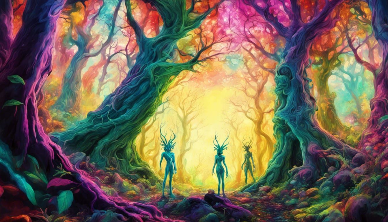 wood elves having psychedelic daydreams in a psychedelic fantasy forest, vivid color high contrast, wide angle panoramic...
