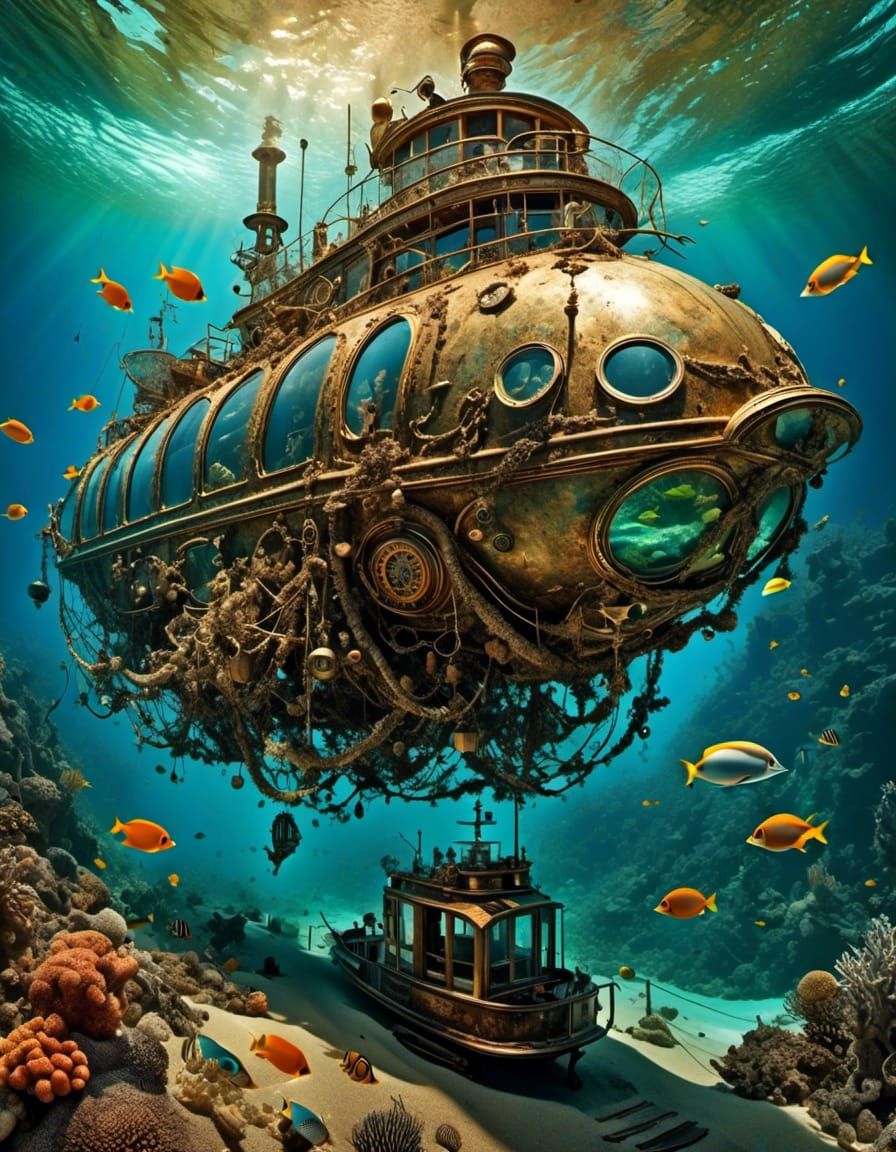 fisheye lens <lora:Surreal v2:1.0> Steampunk Submarine on Desert-Sand with Marine-Life focused Coral-Squid, intricately detailed, poster art...