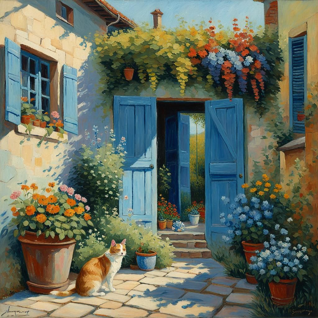 Colorful Garden Scene with Cat and Dog