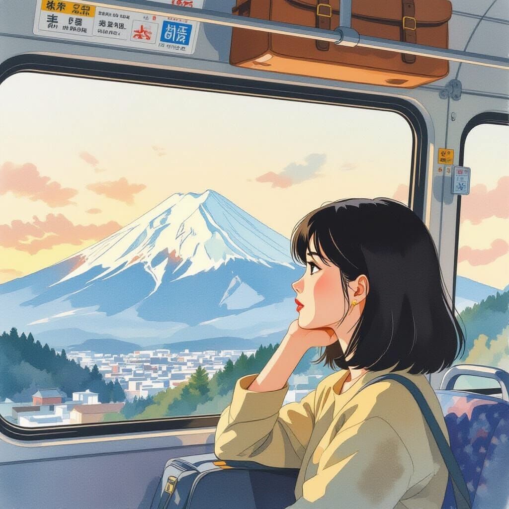 Woman Gazes at Mount Fuji from Bus Window