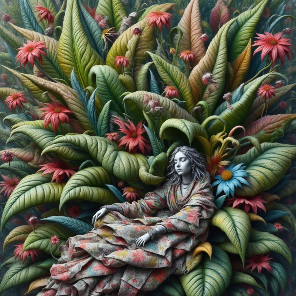 <lora:kak-karnivora:1.0>giant colorful plant, huge elderly woman sleeping inside, mixed media