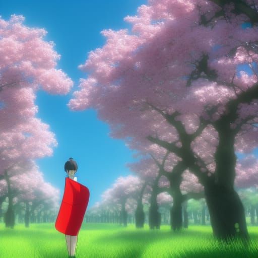 A field of Sakura trees with someone holding a japanese flag