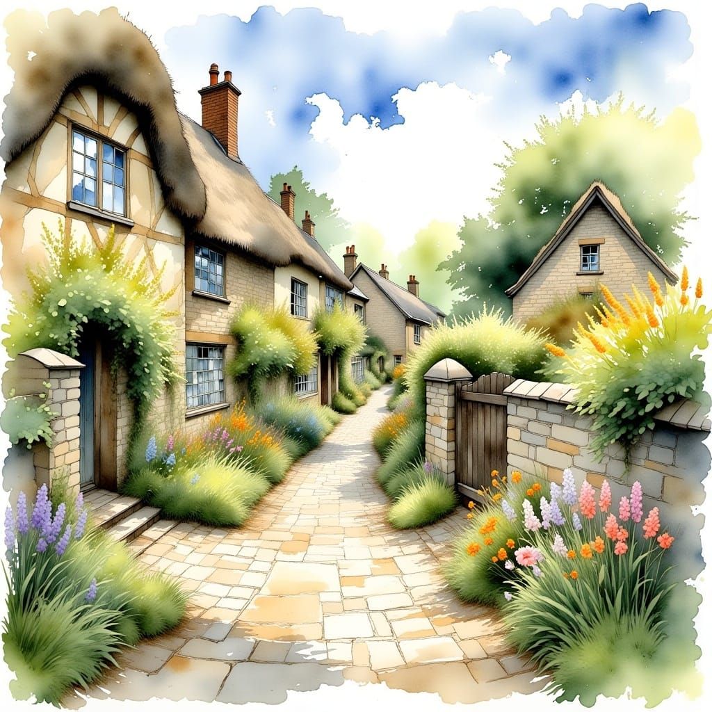 A fine watercolour and ink picture of a narrow cobblestone path between cottages surrounded by sprawling flowery gardens, flanked by slate d...