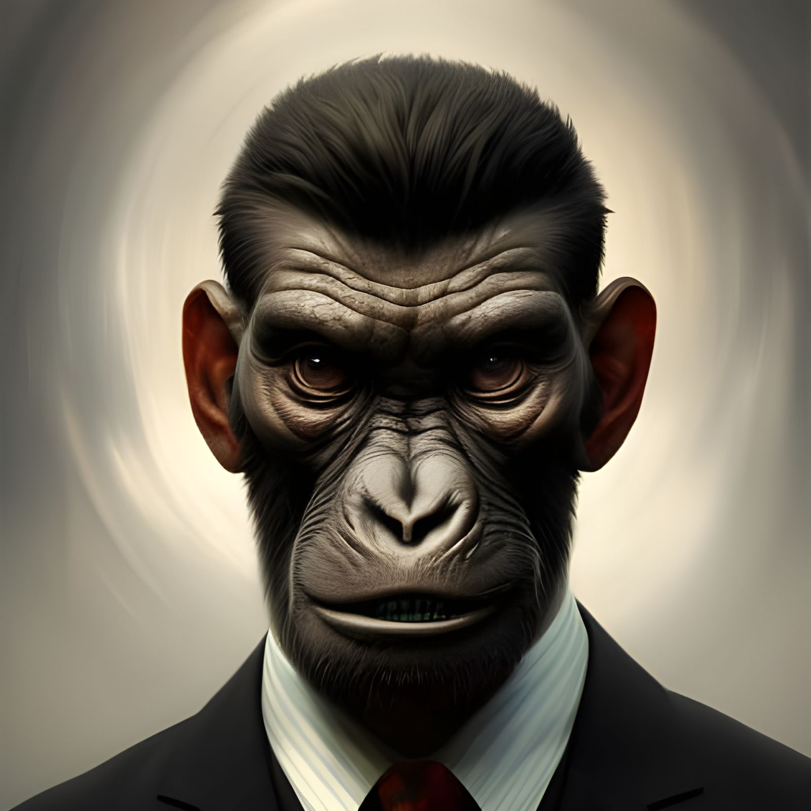Ape in suit ,5D lighting,surreal fantasy art,detailed face